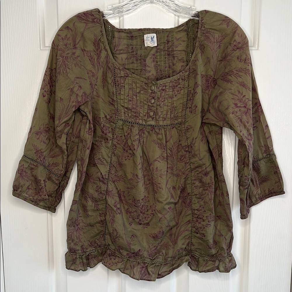 Anthropologie Olive and Plum Floral Peasant Blouse